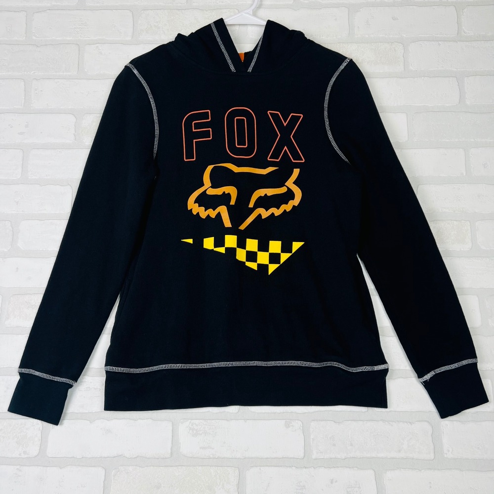 Fox Racing Womens Black Graphic Pullover Hoodie Orange Yellow Logo Size Small